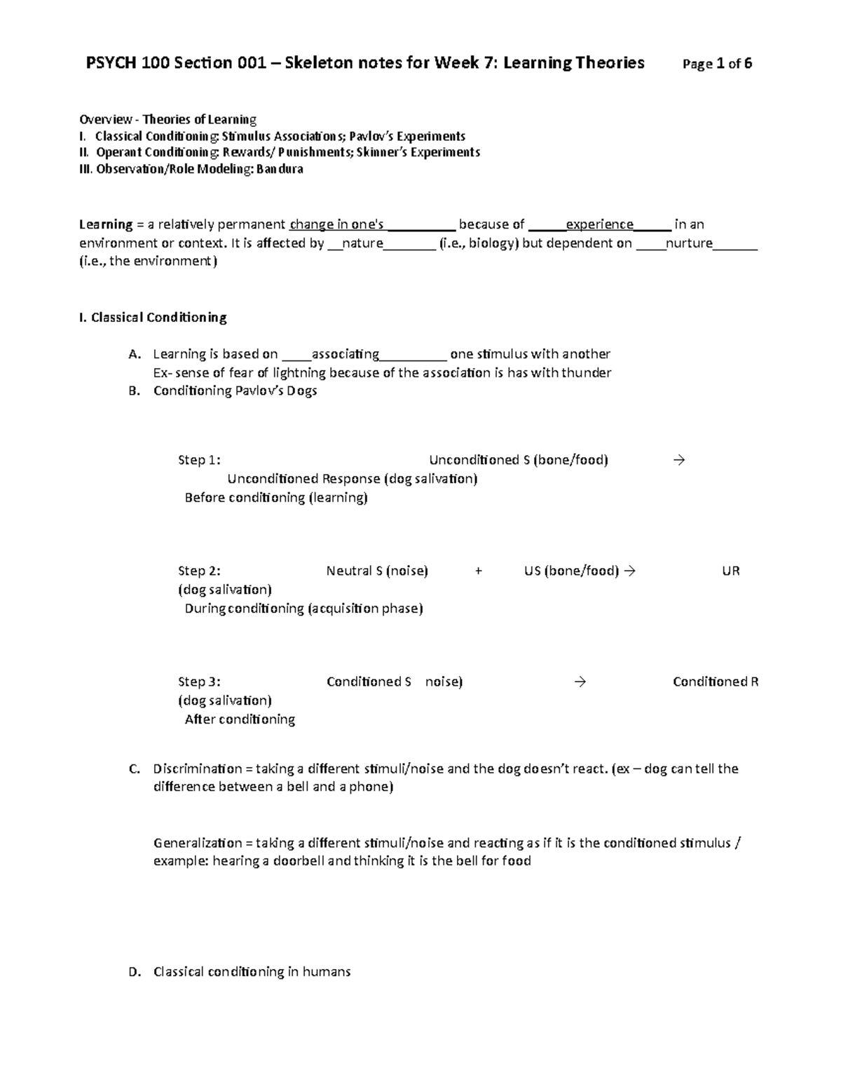 Week 7 Skeleton Notes Learning - Overview - Theories of Learning I ...