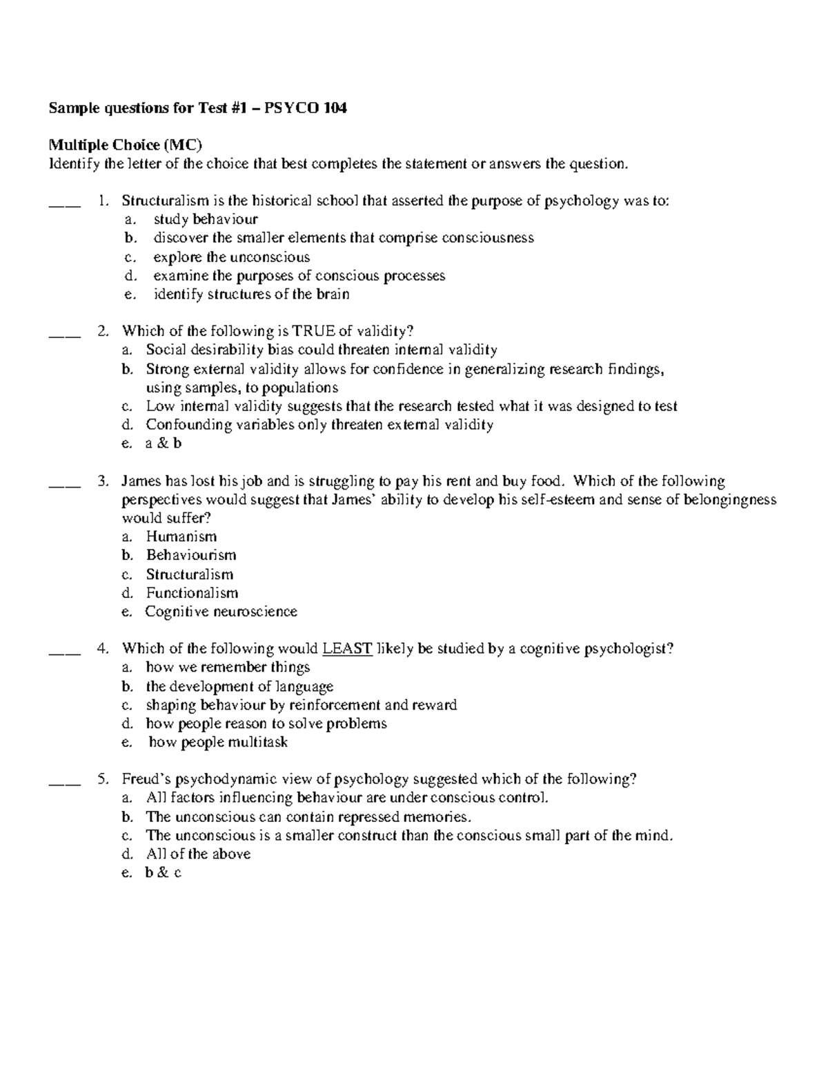 PSYCO104 Test #1 Sample Questions Questions - Sample Questions For Test ...