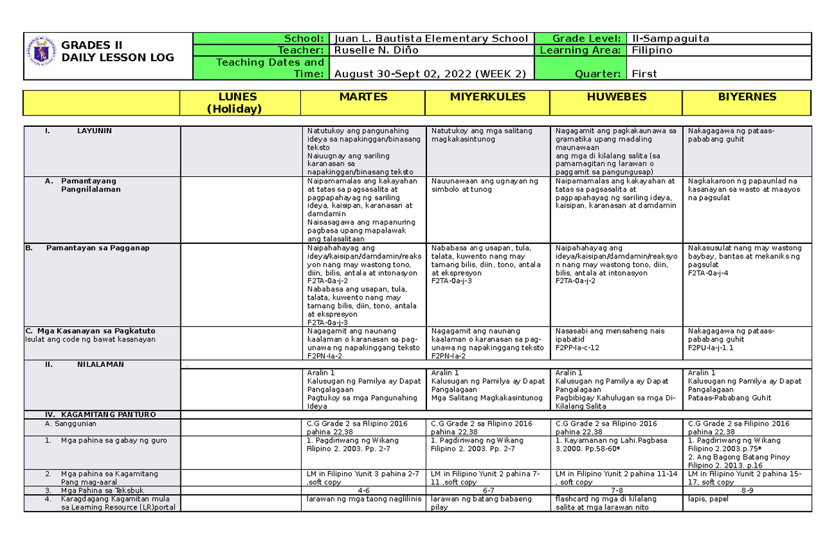 DLL Week2 Filipino Lesson Plan GRADES II DAILY LESSON LOG School