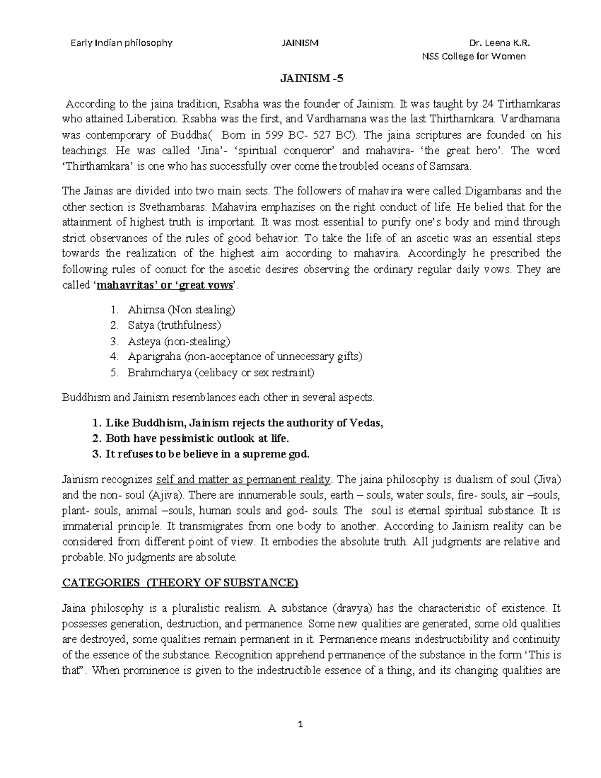 Jainism summary classical indian philosophy nss college for women