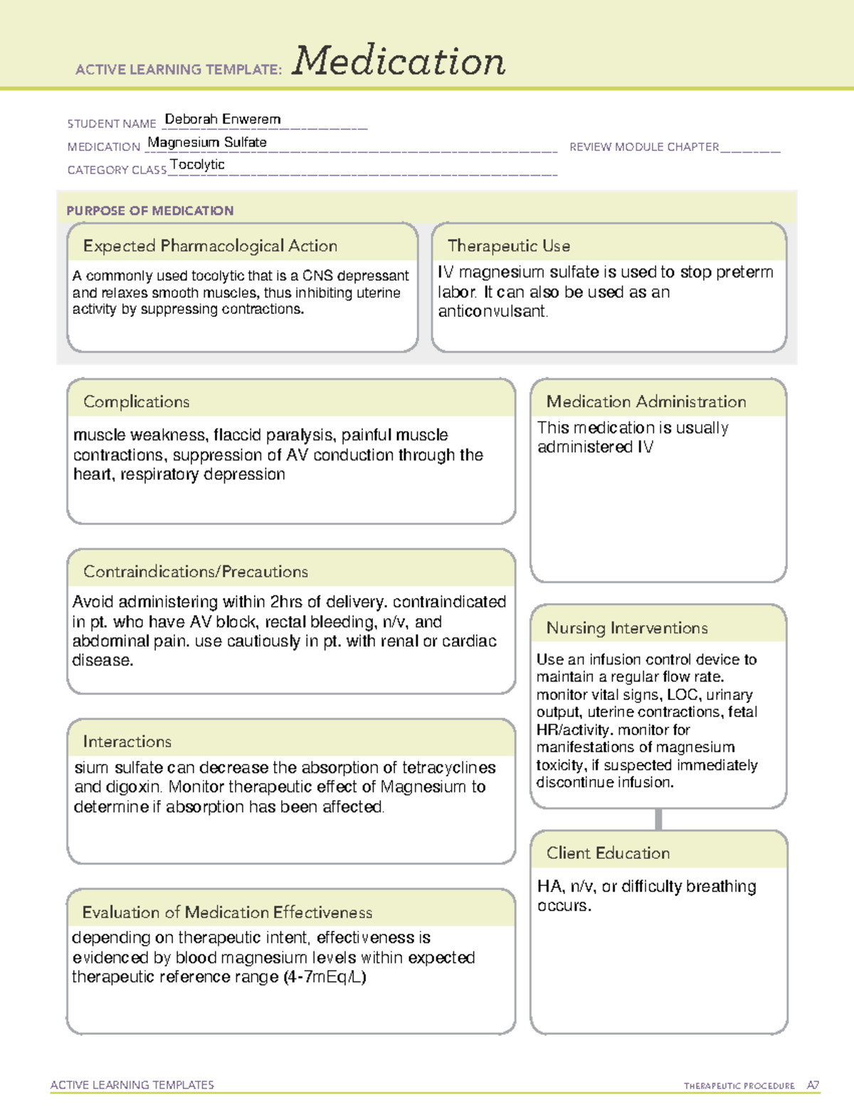 Magnesium Sulfate notes for maternity ACTIVE LEARNING TEMPLATES