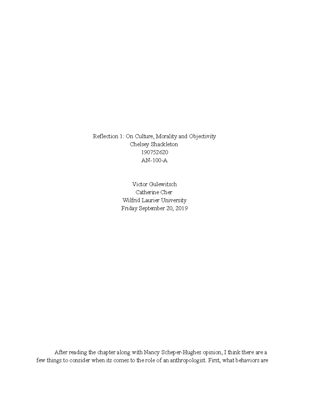 An100-+Reflection+1 - reflection - Reflection 1: On Culture, Morality ...