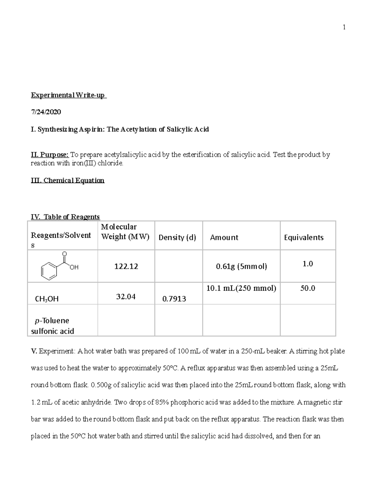 Synthesizing Aspirin experimental write up - 1 Experimental Write-up 7 ...