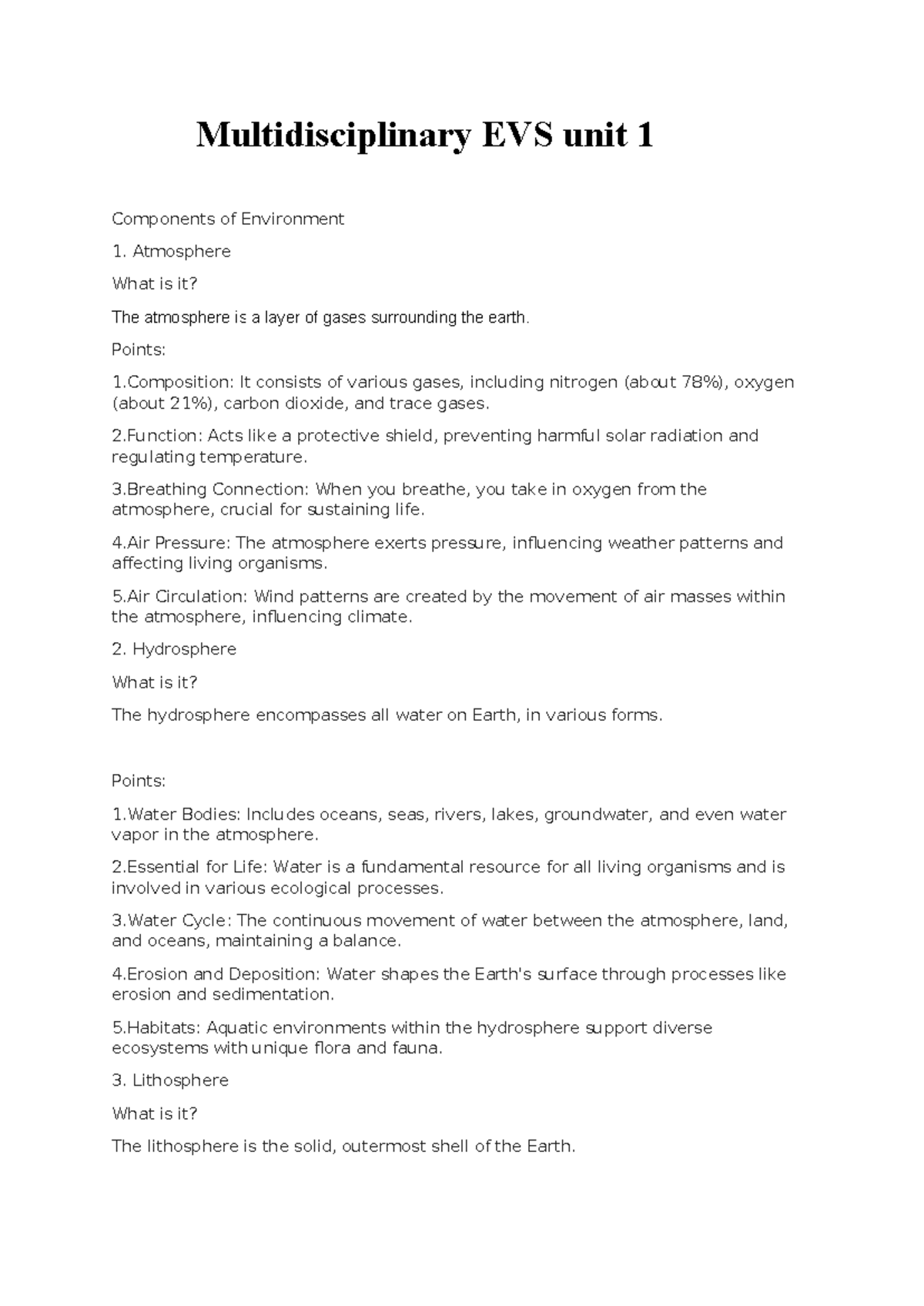 EVS UNIT 1 - Multidisciplinary EVS unit 1 Components of Environment 1 ...