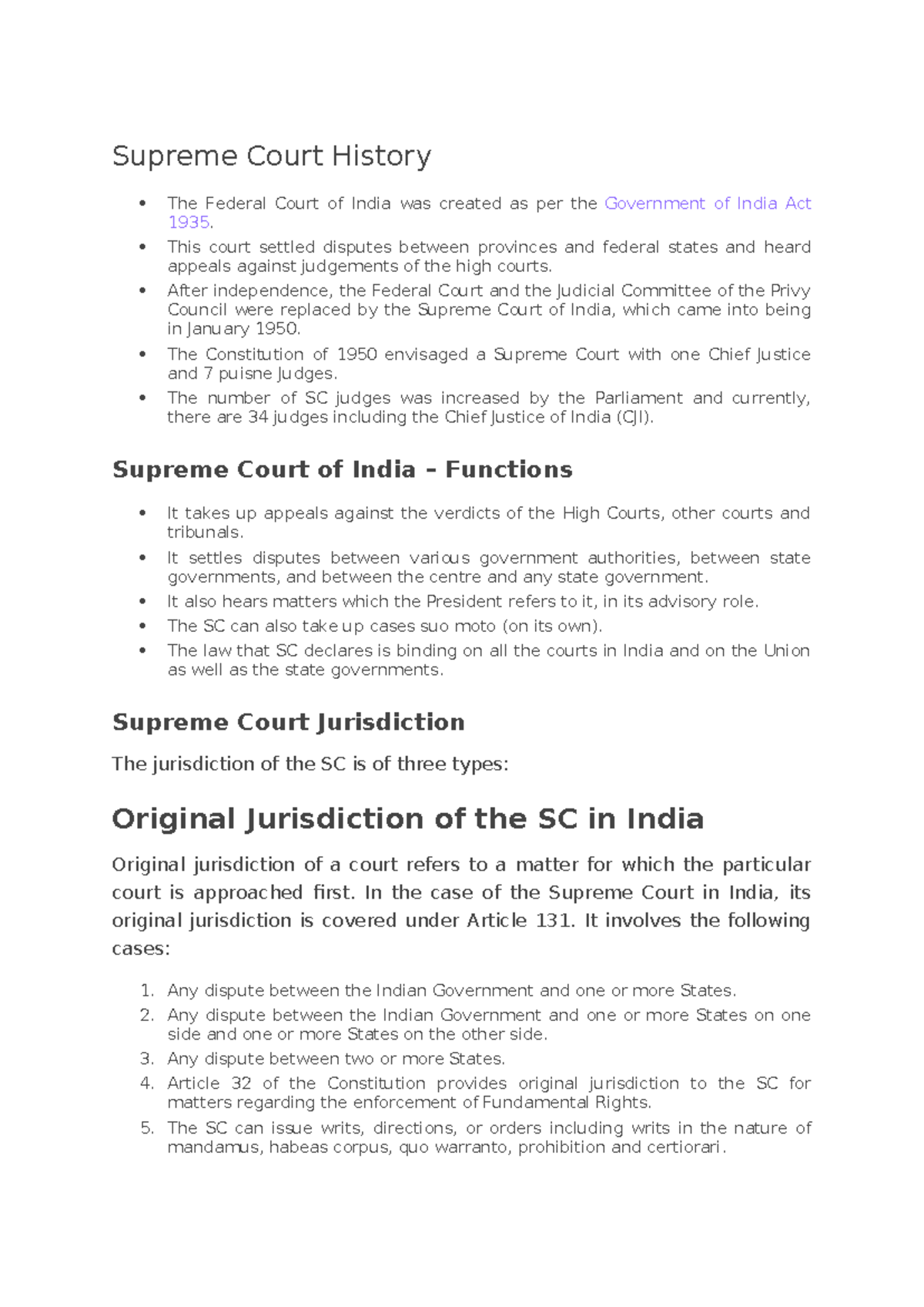 Supreme Court Of India - Academic Tutorial - Supreme Court History The 