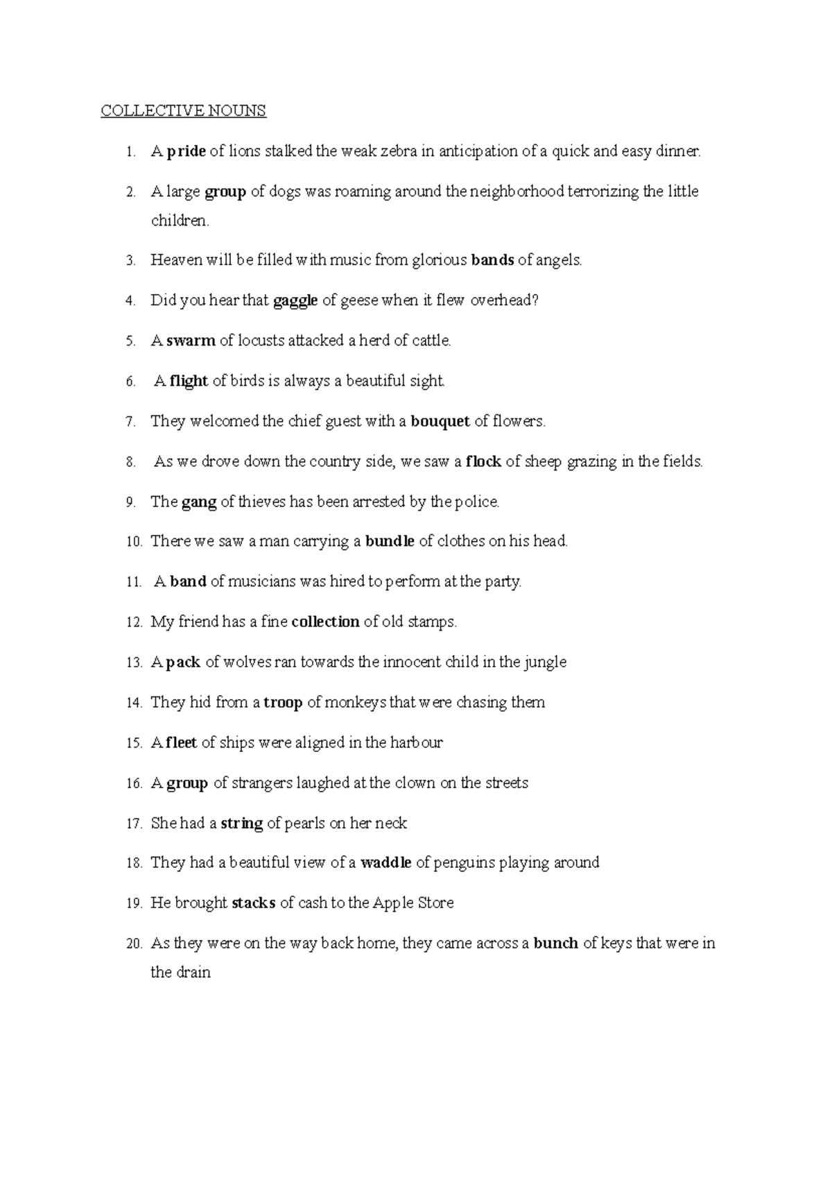 Collective Nouns examples COLLECTIVE NOUNS A pride of lions stalked the weak zebra in