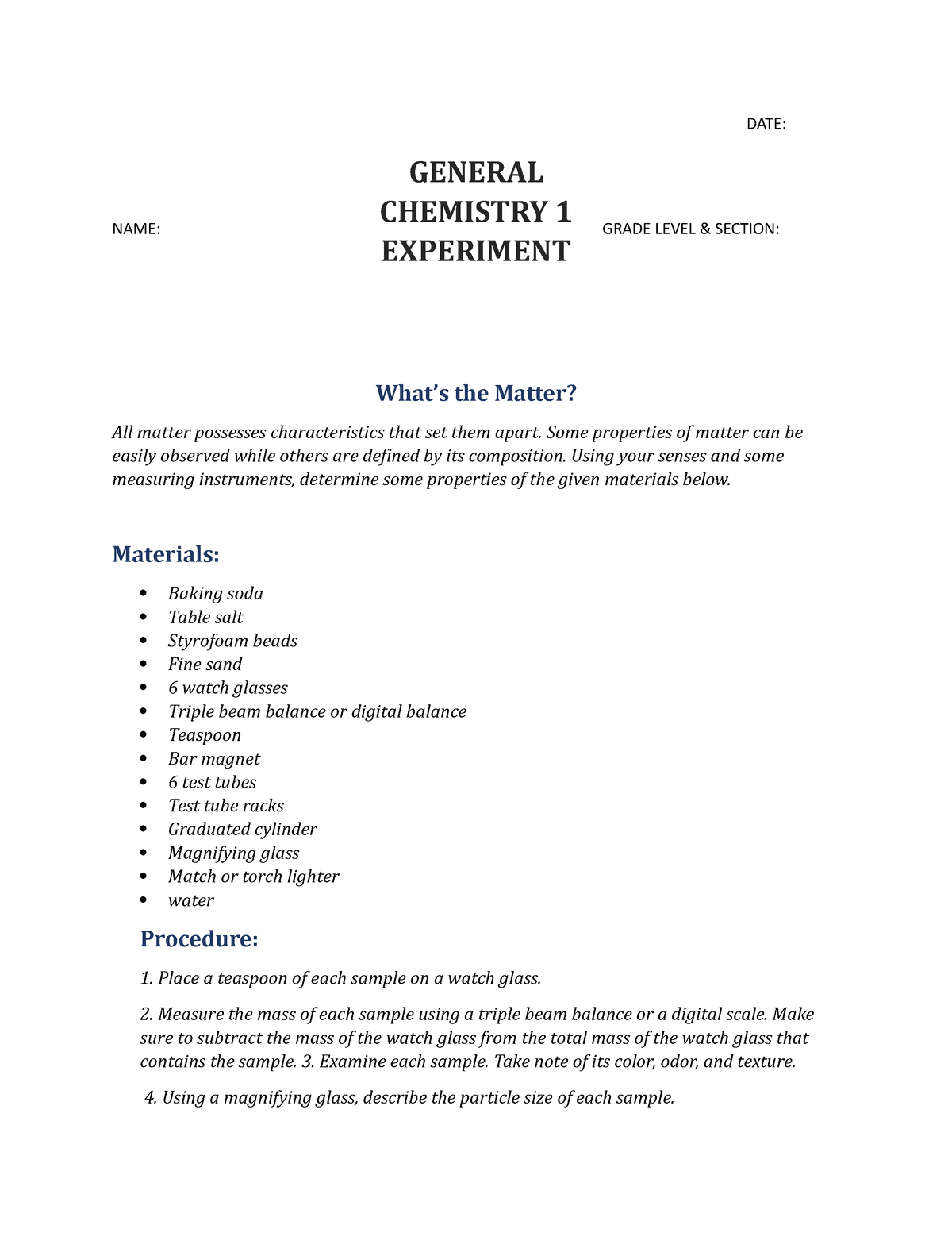 GEN CHEM Experiment 1 - DATE: NAME: GRADE LEVEL & SECTION: What’s The ...