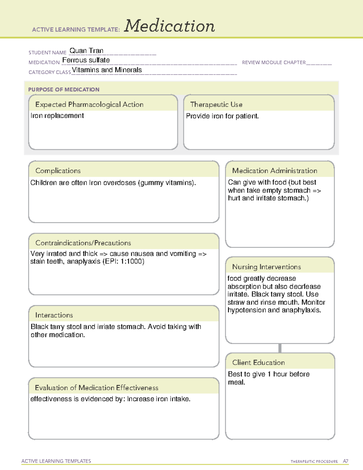 Ferrous Sulfate Medication Worksheet ACTIVE LEARNING TEMPLATES 