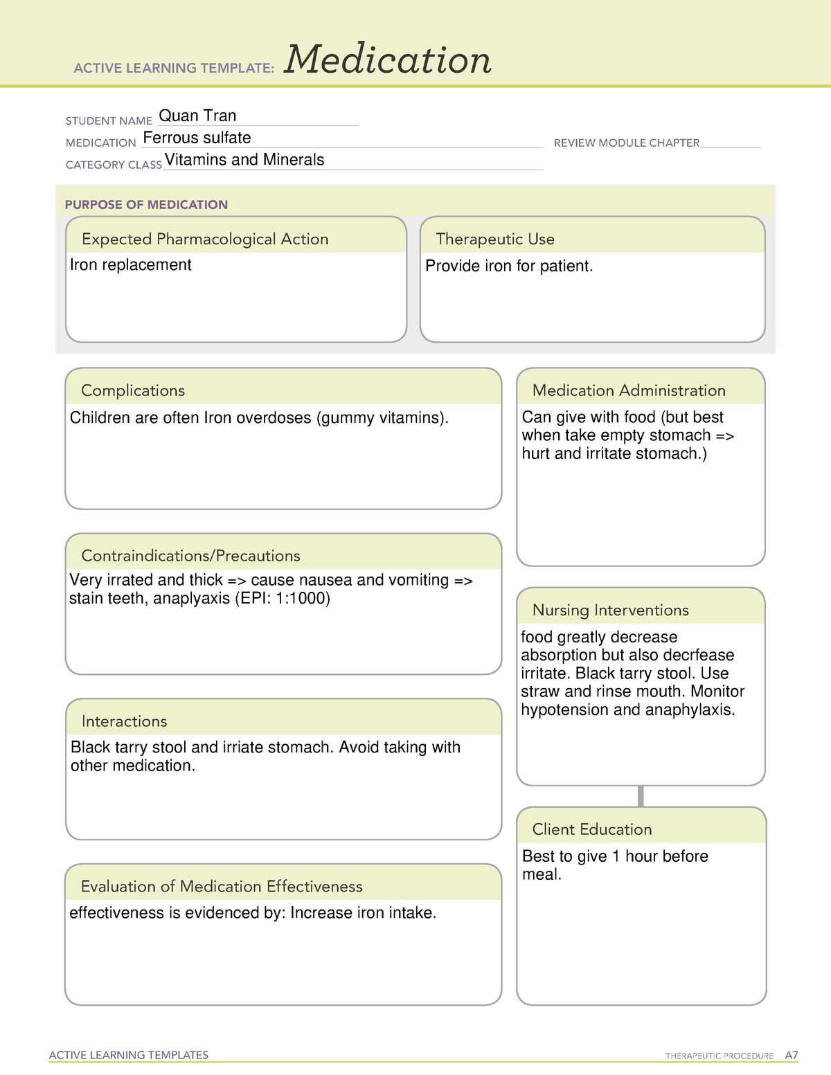Ferrous Sulfate Medication Worksheet ACTIVE LEARNING TEMPLATES 