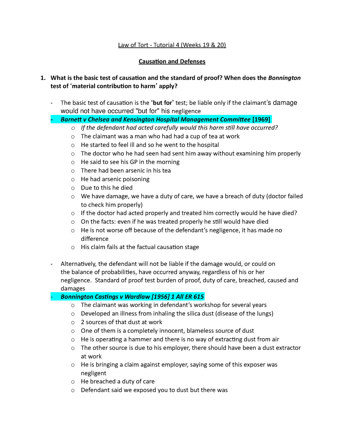 Tutorial 4- Law Of Tort - Law Of Tort - Tutorial 4 (Weeks 19 & 20 ...