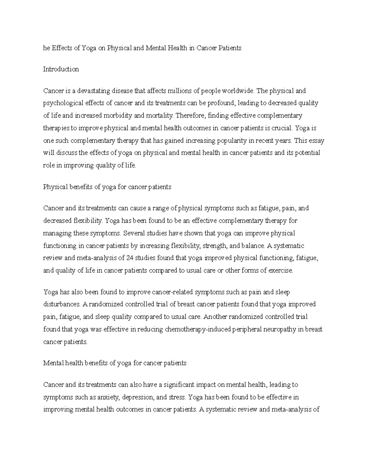Title The Effects of Yoga on Physical and Mental Health in Cancer ...