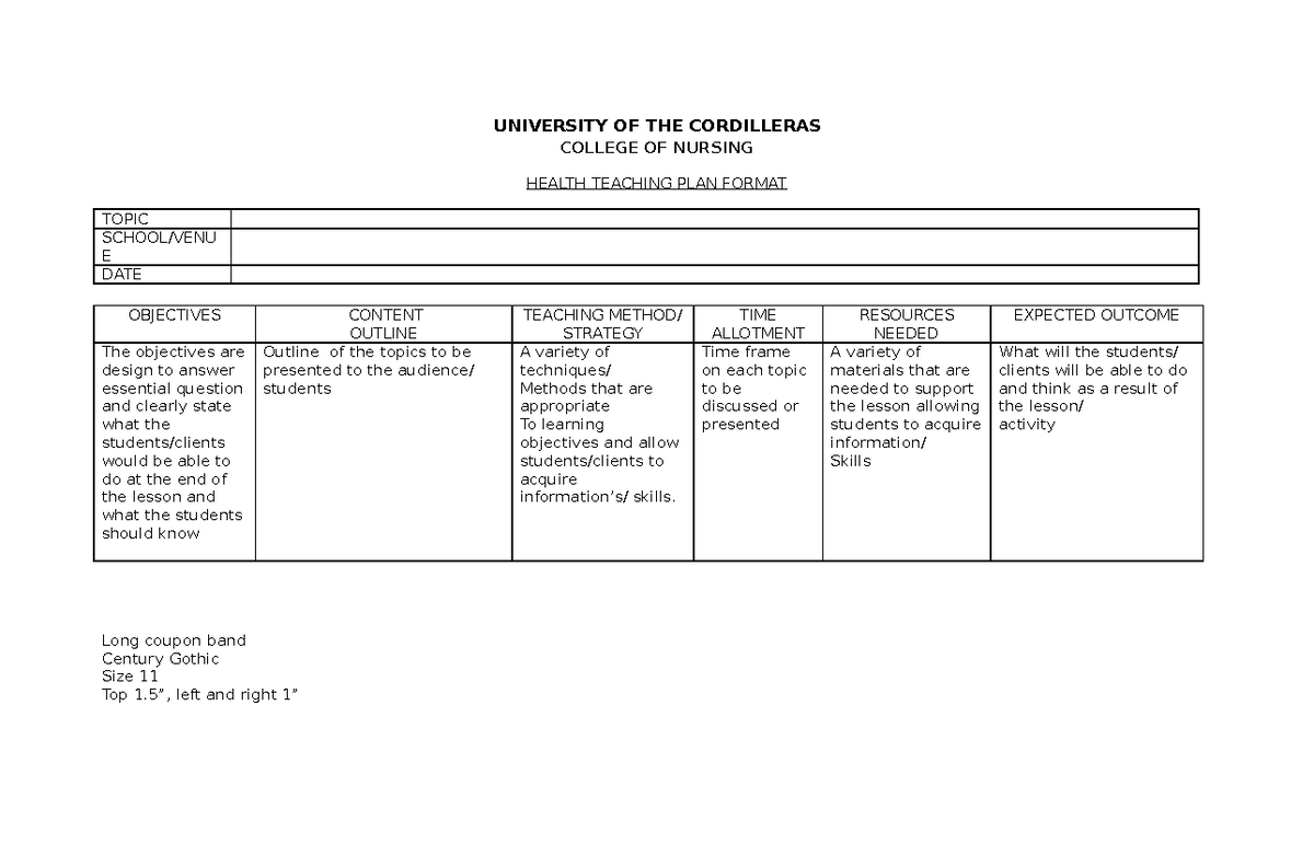 Health teaching plan guidelines - UNIVERSITY OF THE CORDILLERAS COLLEGE ...