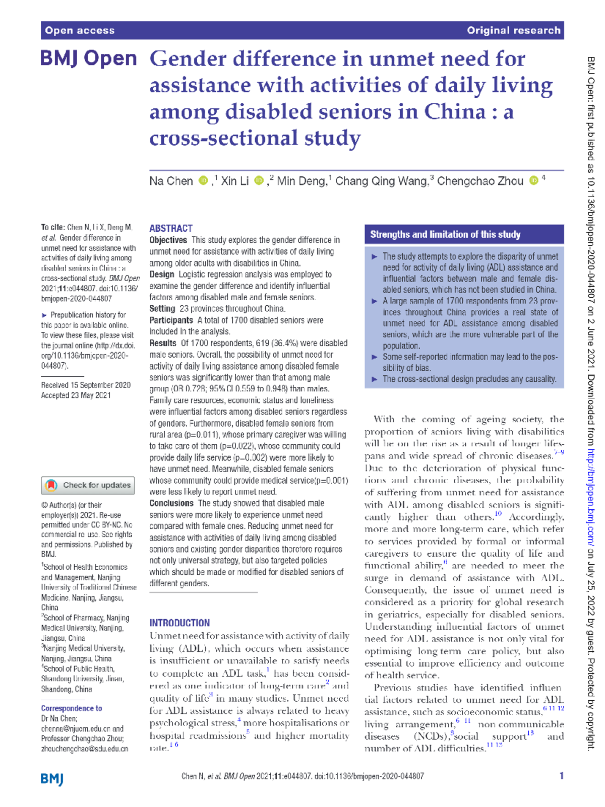 Diferencias de genero en necesidades desatendidas de ADL en China ...