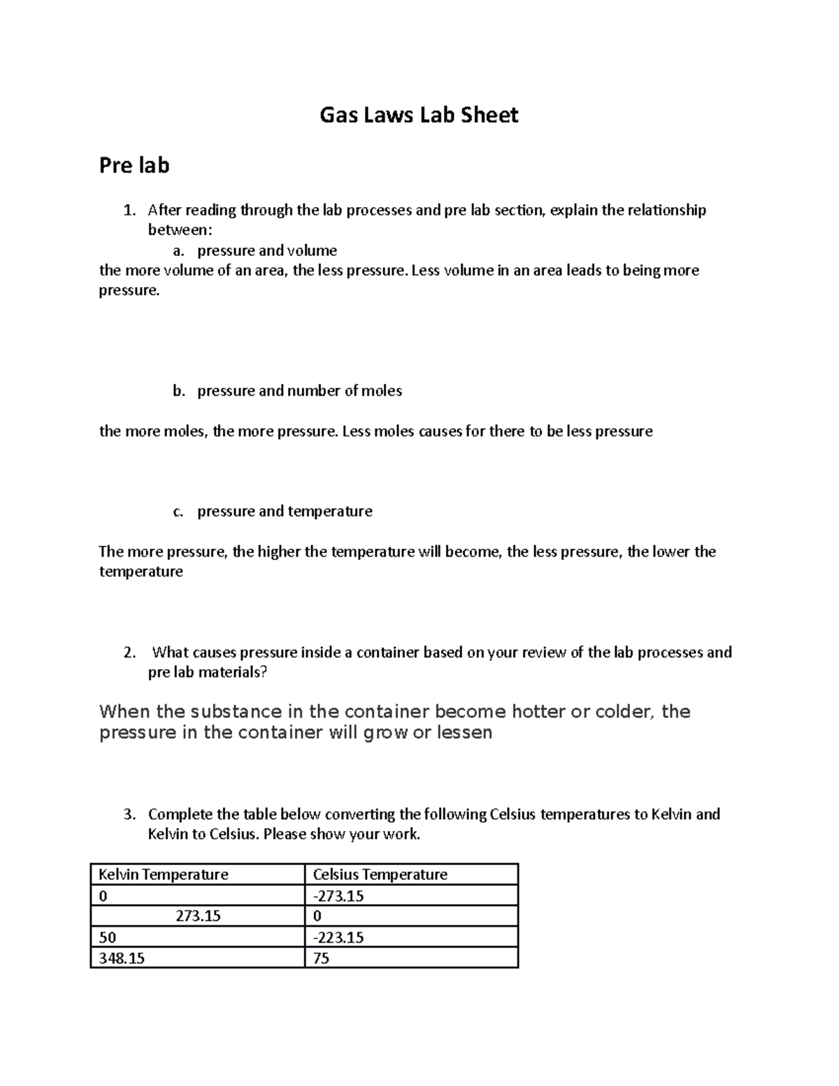 Gas Laws Lab Sheet gas laws Gas Laws Lab Sheet Pre lab After