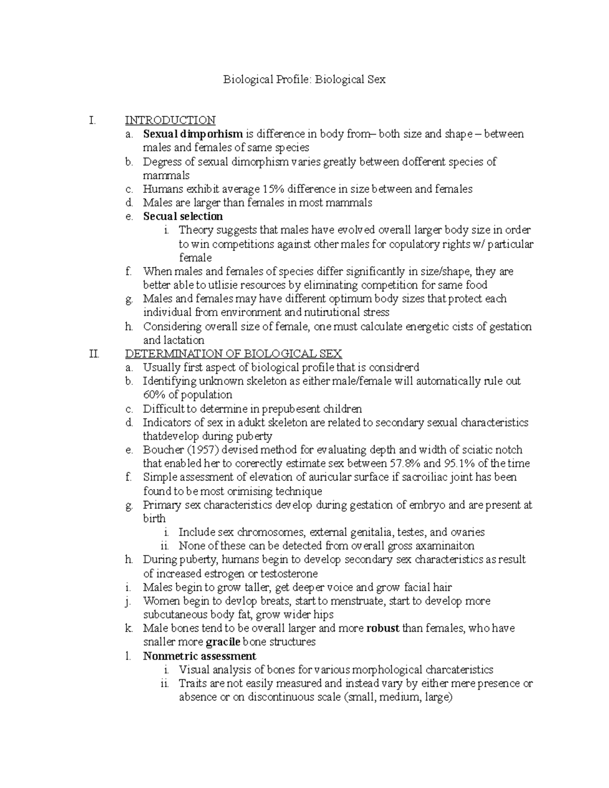 Biological Profile Determination Of Sex Biological Profile Biological Sex I Introduction A 