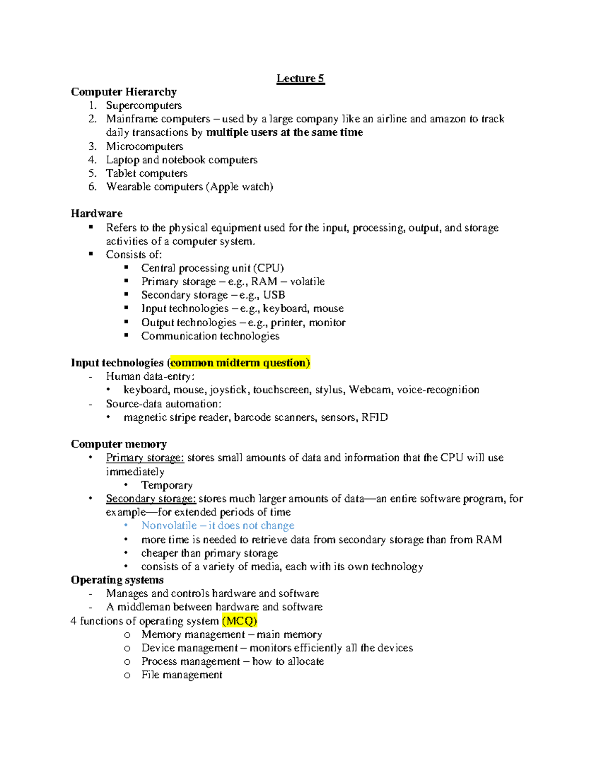 Lecture 5 Summary - Lecture 5 Computer Hierarchy Supercomputers ...