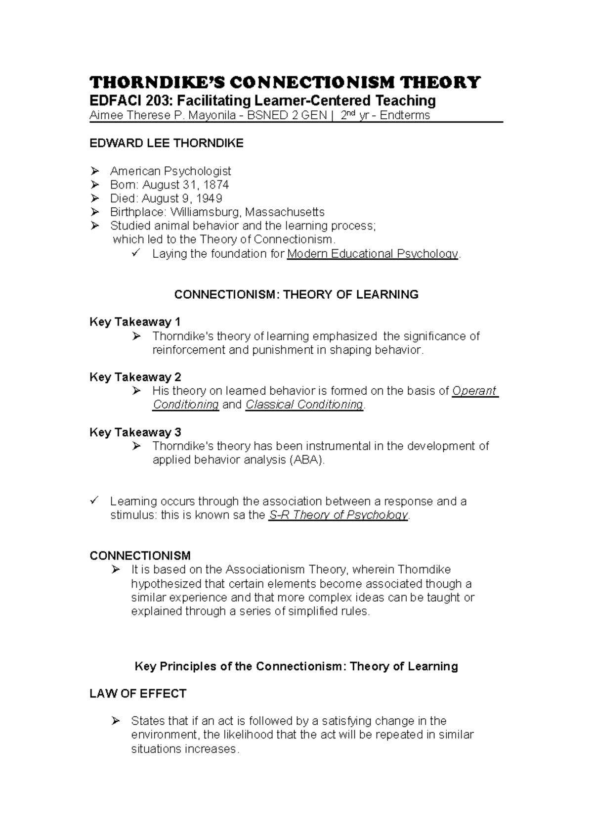 Thorndike Connectionism Theory Edfaci Notes - THORNDIKE’S CONNECTIONISM ...