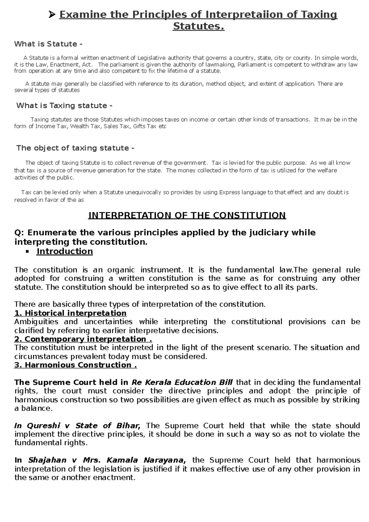 Interpretaion Of Statutes Notes Examine the Principles of