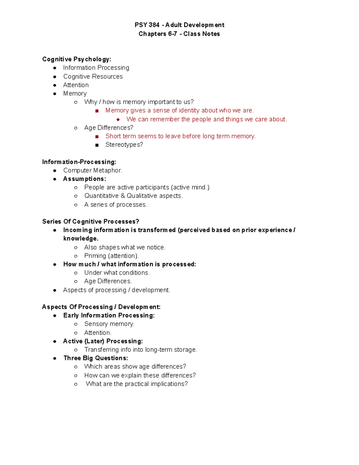 PSY 384 Ch. 6-7 Class Notes - Chapters 6-7 - Class Notes Cognitive ...