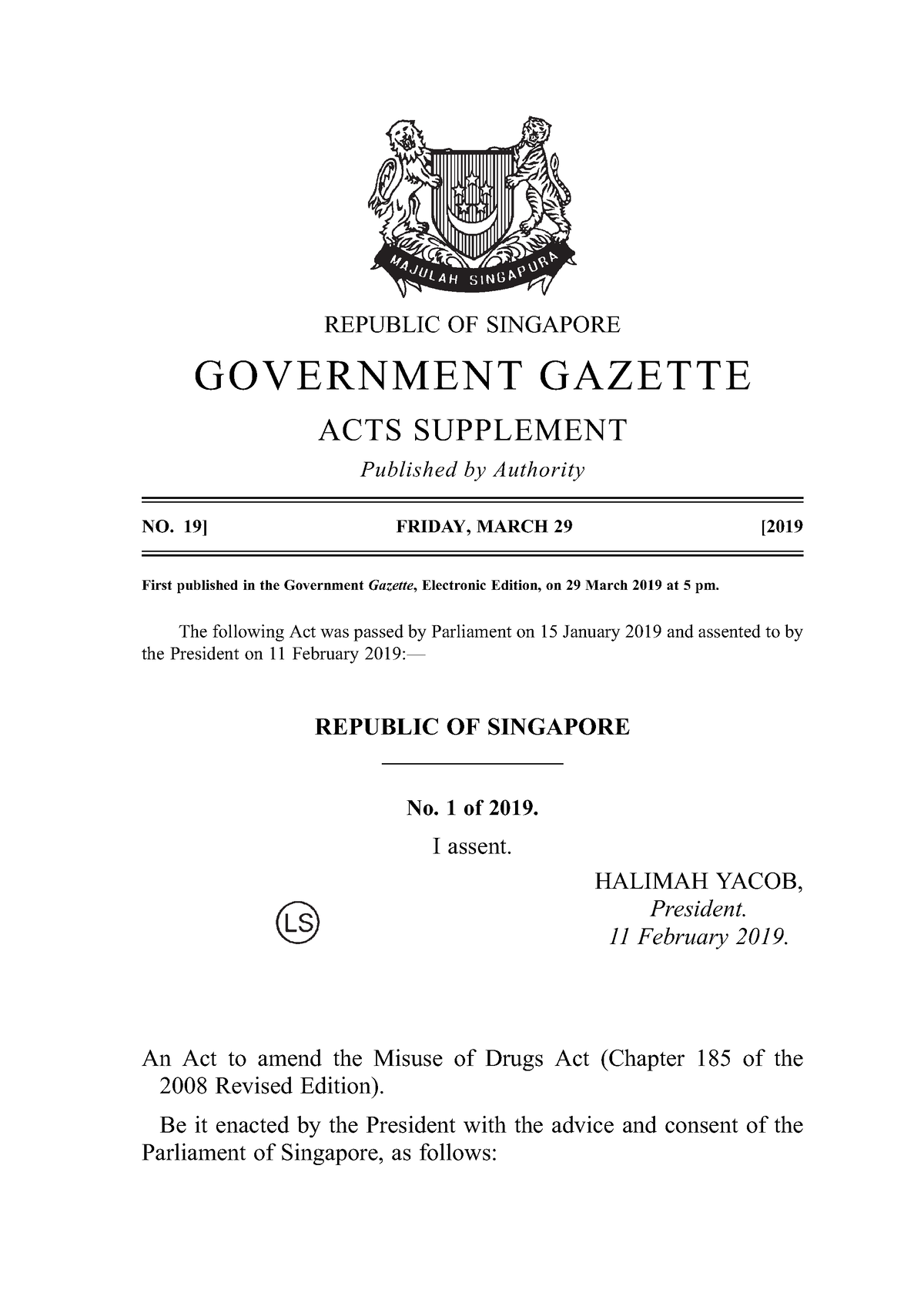 Misuse Of Drugs (Amendment) Act 2019 - REPUBLIC OF SINGAPORE GOVERNMENT ...