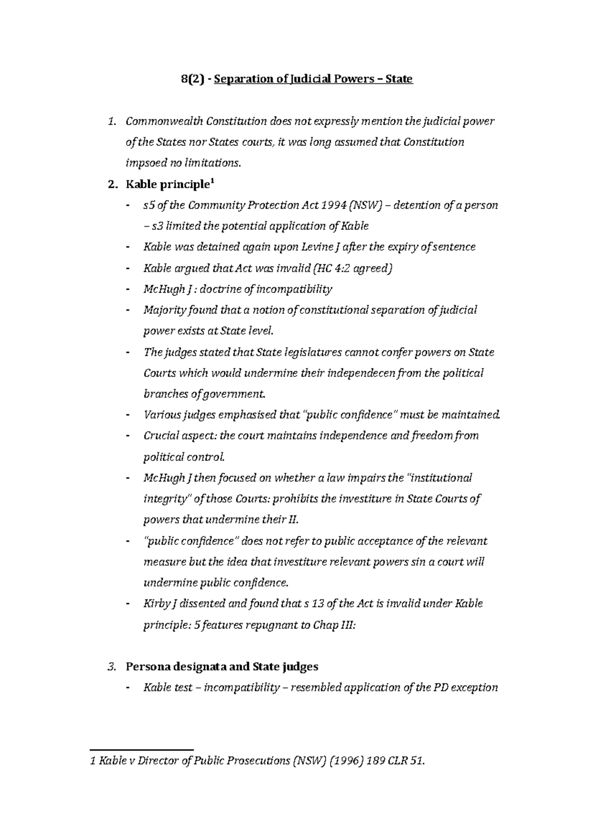 Separation Of Judicial Power Kable Principle 1 S5 Of The Community