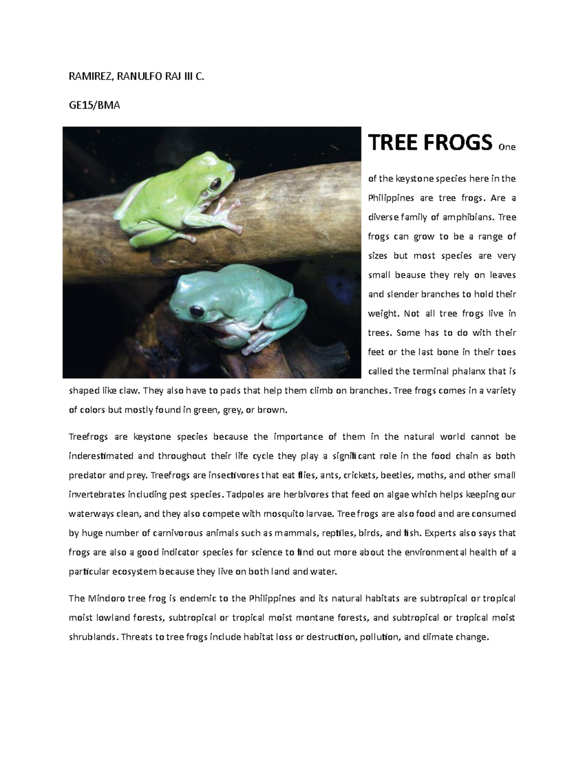 Keystone Species RAMIREZ, RANULFO RAJ III C. GE15/BMA TREE FROGS One