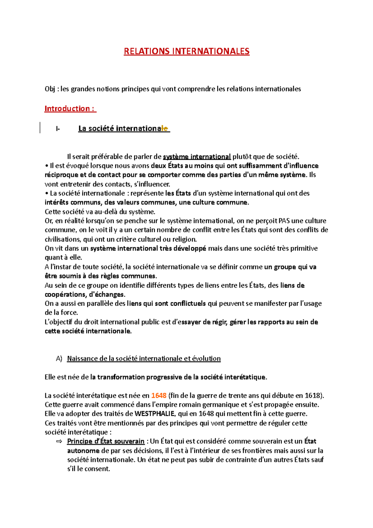 CM- Relations Internationales - RELATIONS INTERNATIONALES Obj : les ...