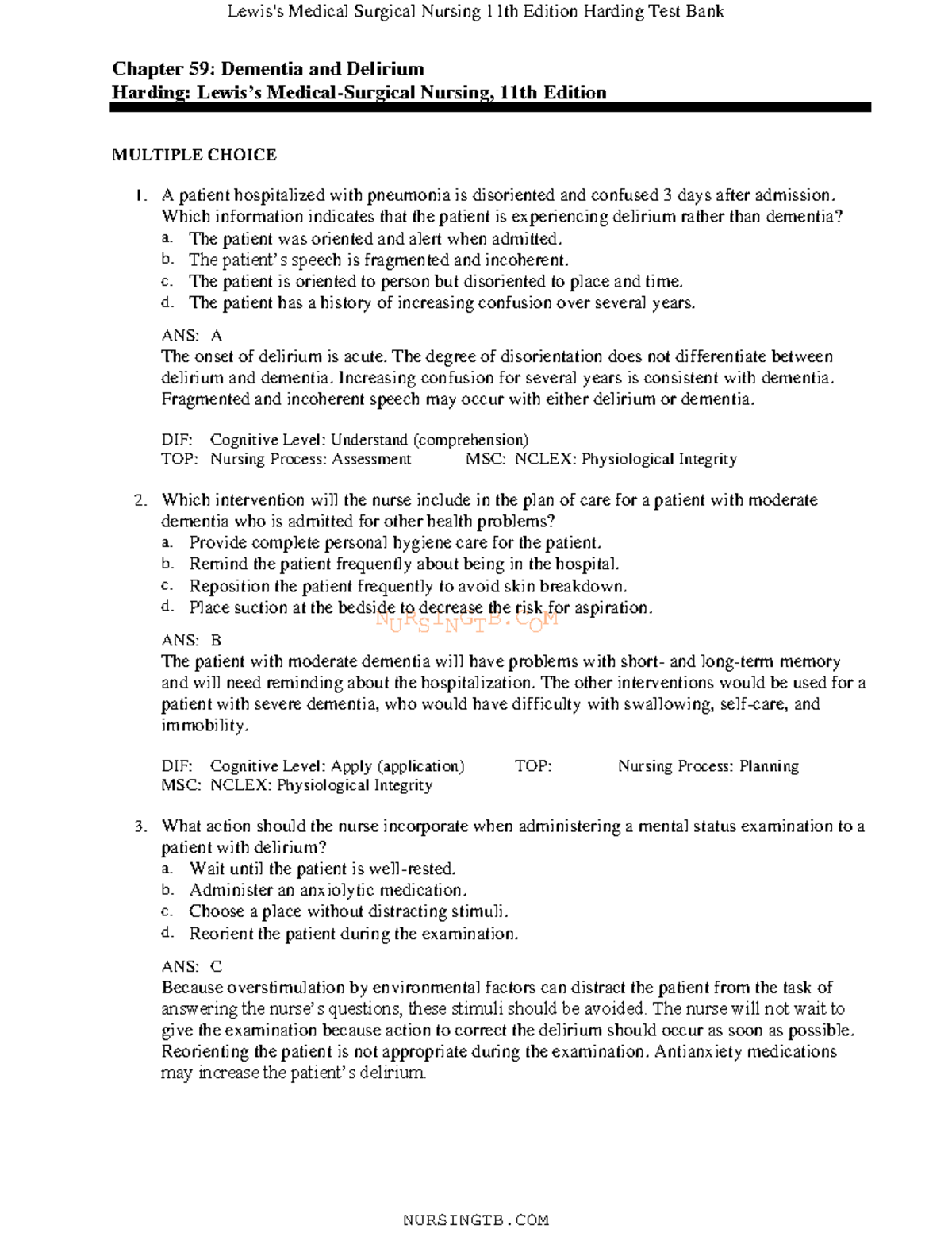 59 - Lewis Medsurge - NURSINGTB Chapter 59: Dementia and Delirium ...