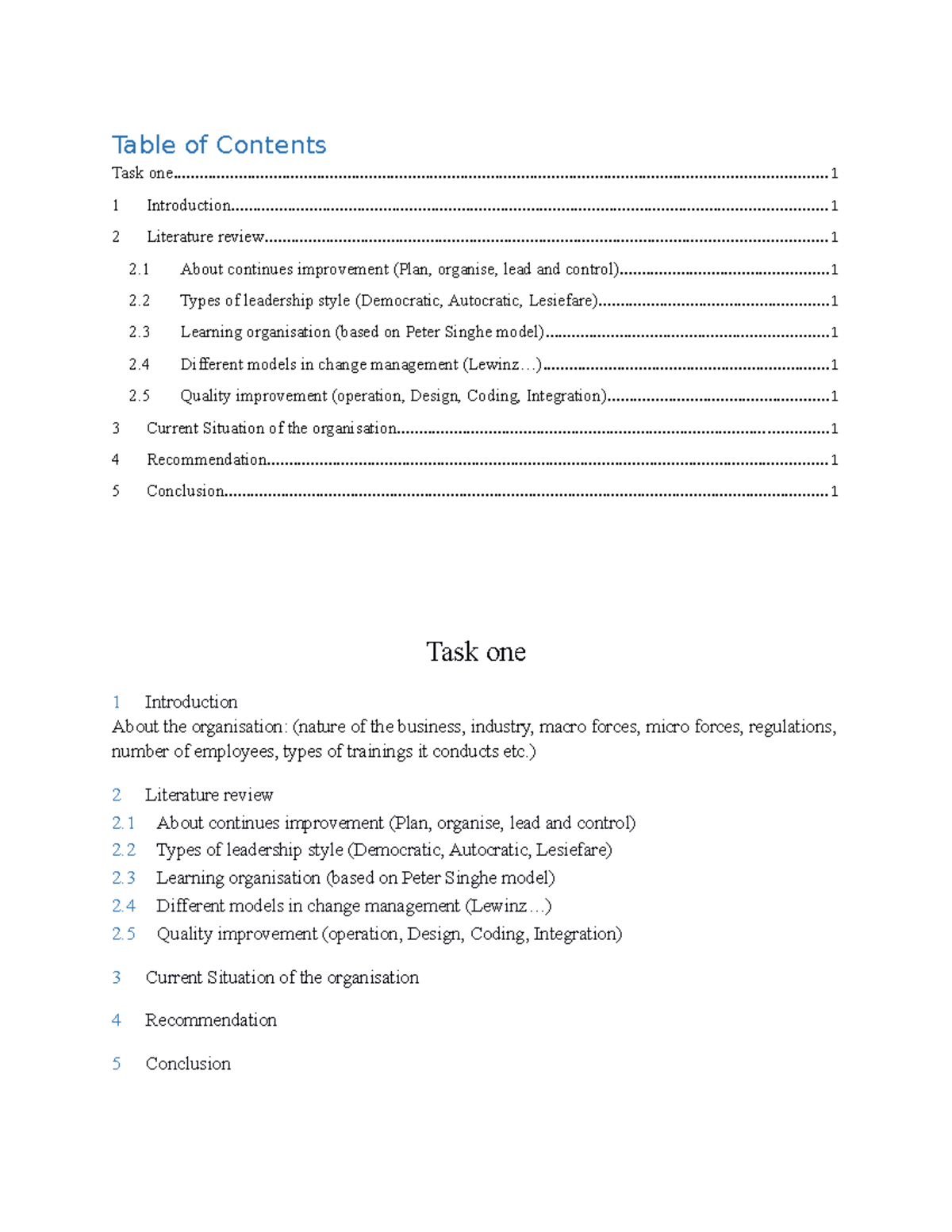 Task one - Negotiation - Table of Contents Task - Studocu