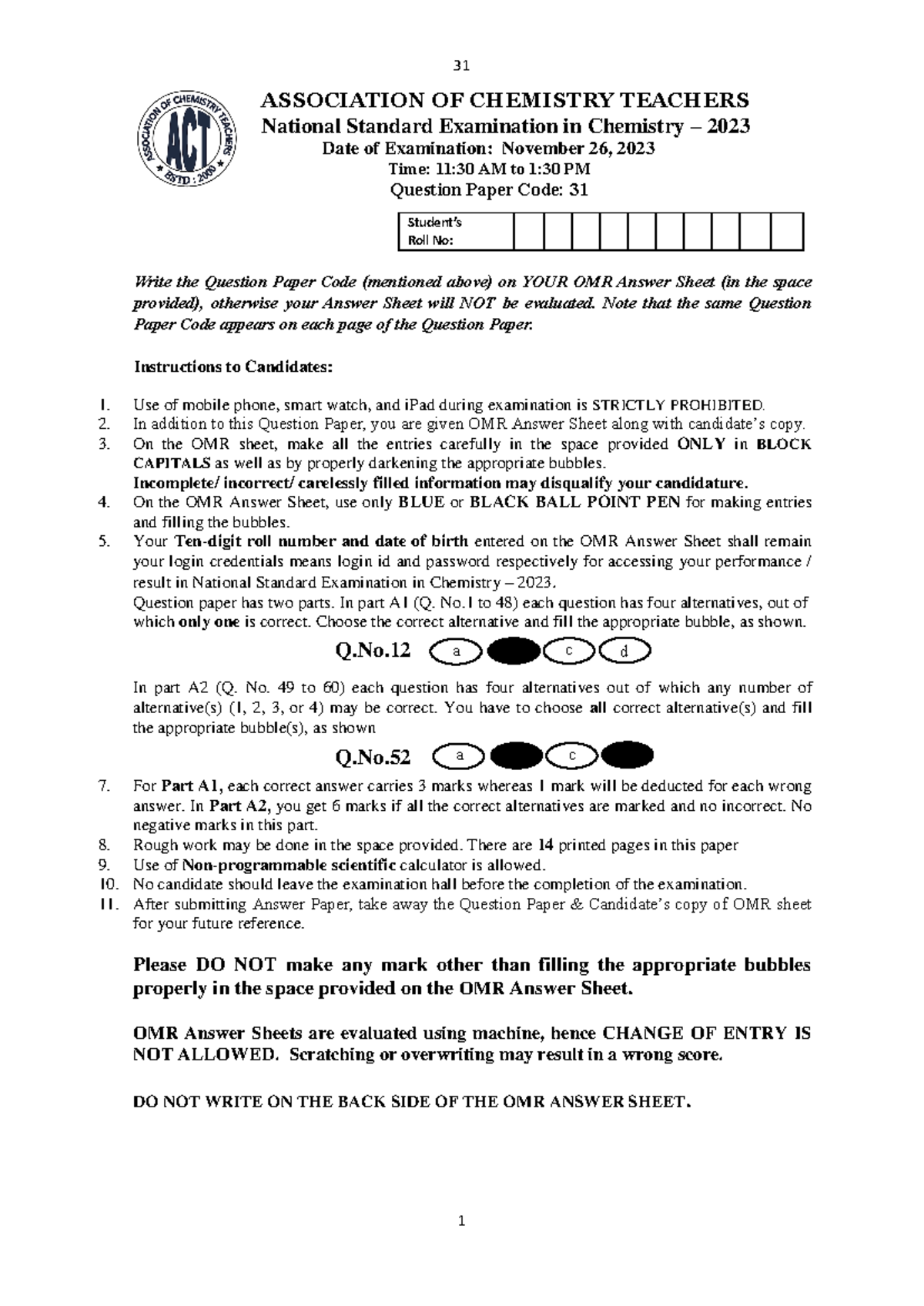 NSEC 2023 Set 31 - Practice - ASSOCIATION OF CHEMISTRY TEACHERS ...