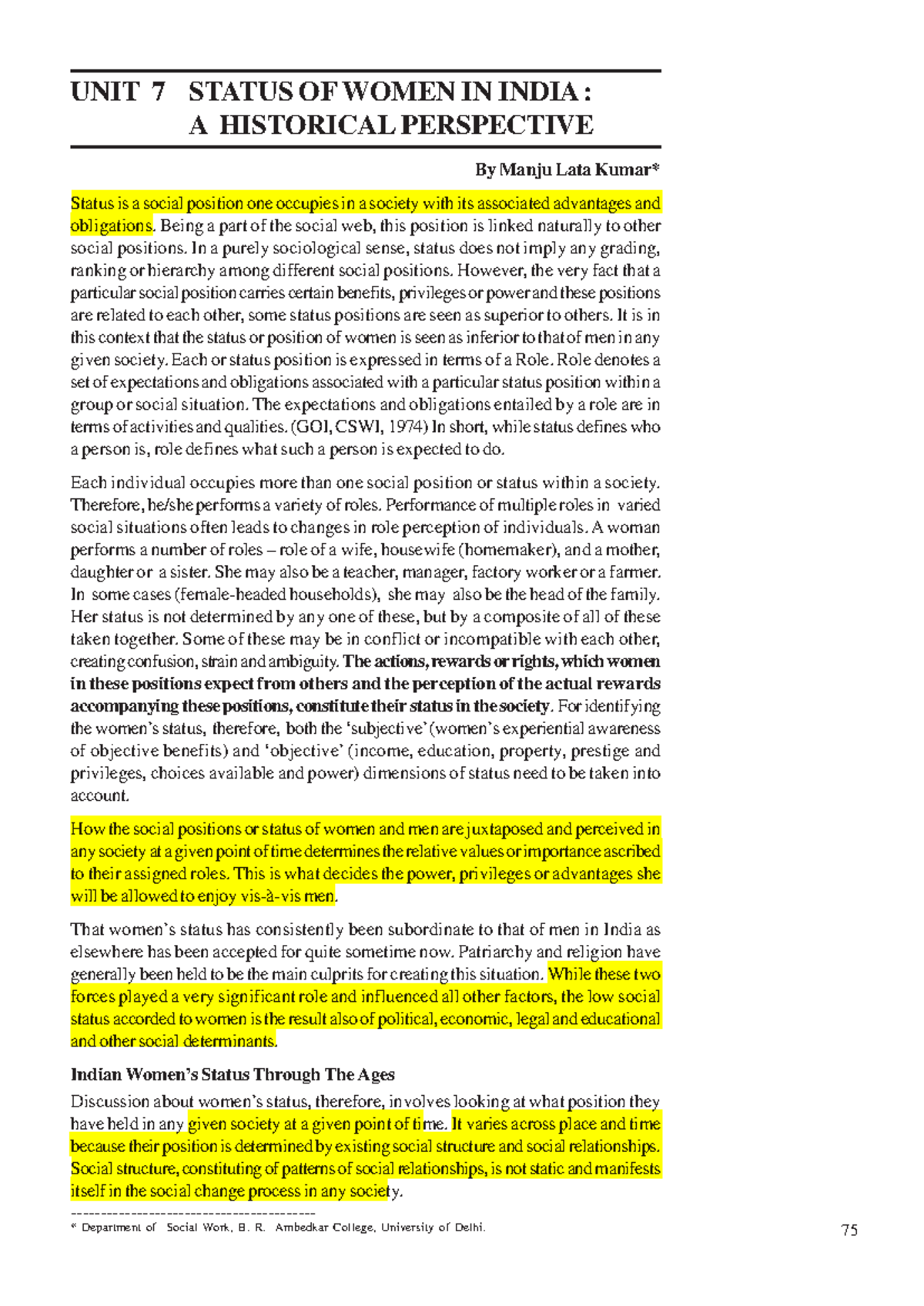 gender studies and history - UNIT 7 STATUS OF WOMEN IN INDIA : A ...