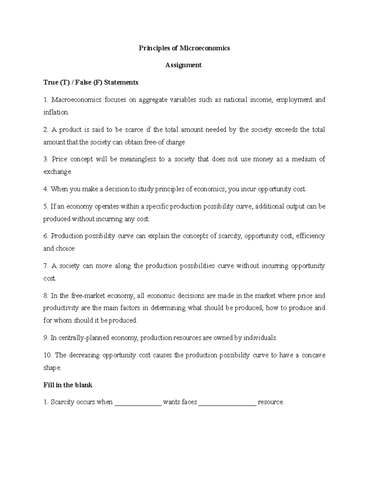 principles of microeconomics assignment 1