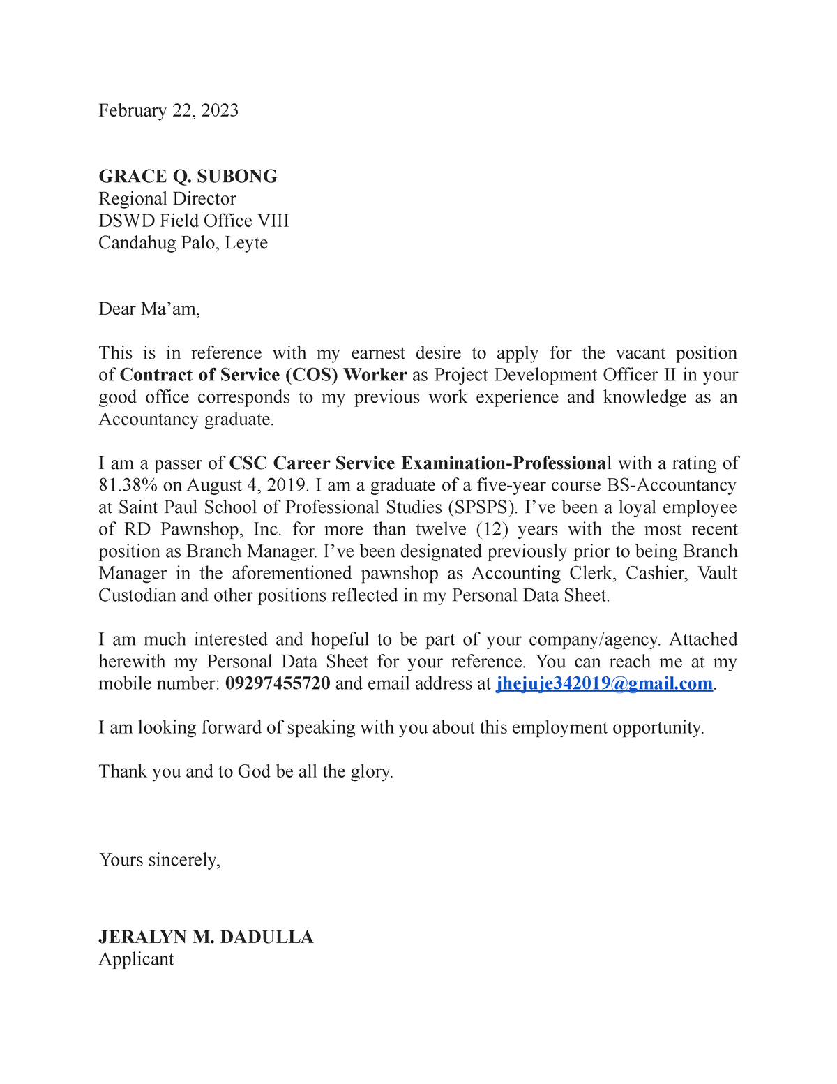 application letter dswd