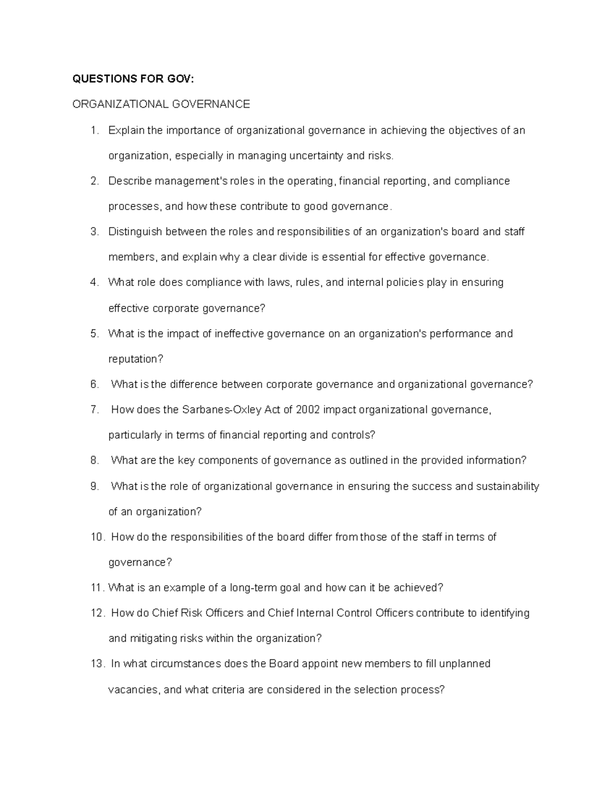 Governance Questions - QUESTIONS FOR GOV: ORGANIZATIONAL GOVERNANCE ...