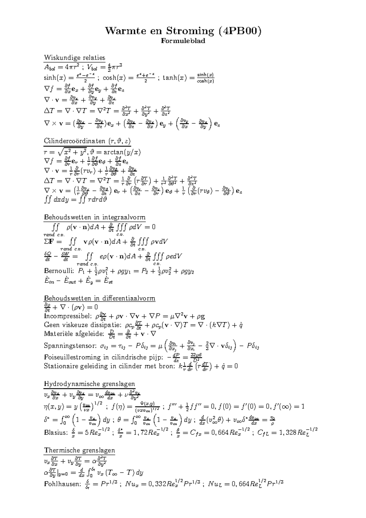 Formuleblad Warmte En Stroming Studeersnel