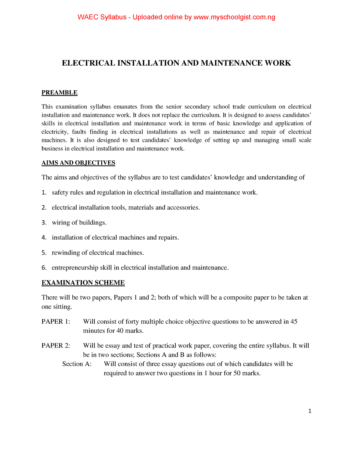 Electrical Installation AND Maintenance WORK 1 - ELECTRICAL ...