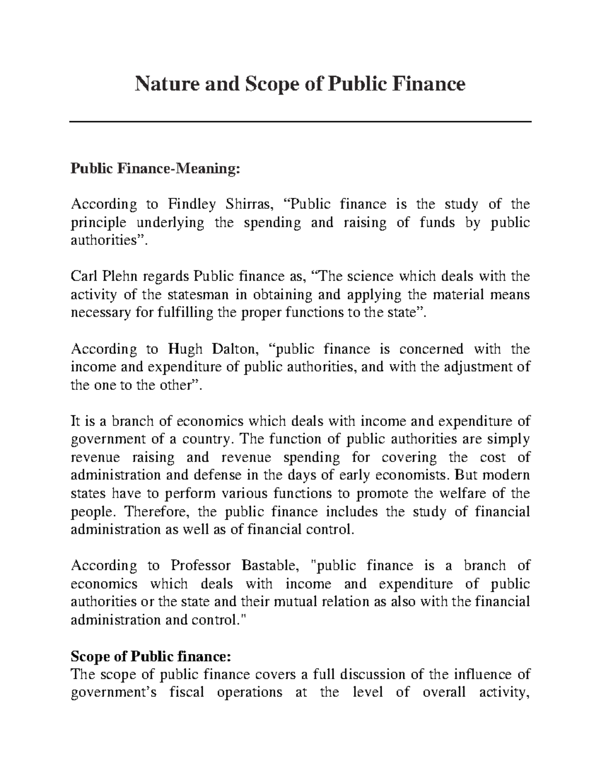 Nature and Scope of Public Finance - Carl Plehn regards Public finance ...