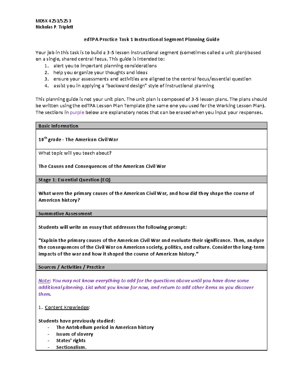 Ed TPA Practice Task 1 Instructional Segment Planning Guide - Nicholas ...