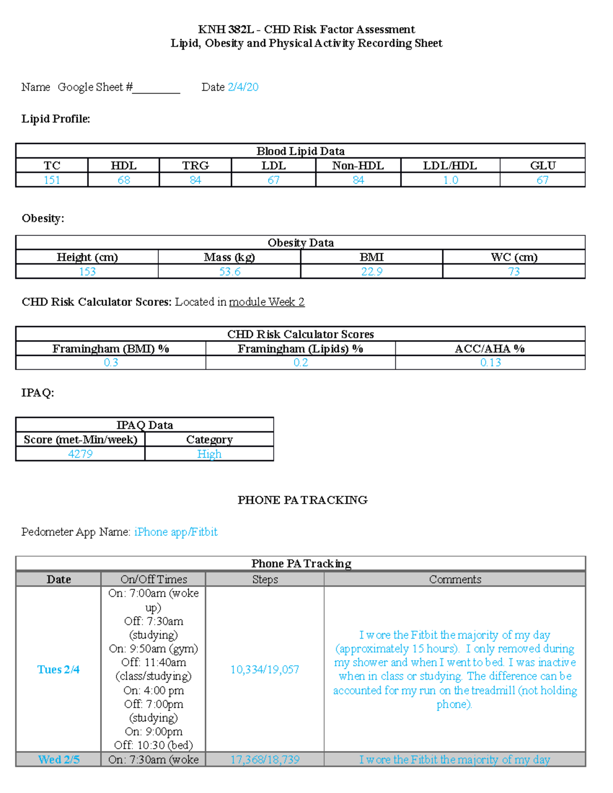 Week 2 Data Recording Form - KNH 382L - CHD Risk Factor Assessment ...
