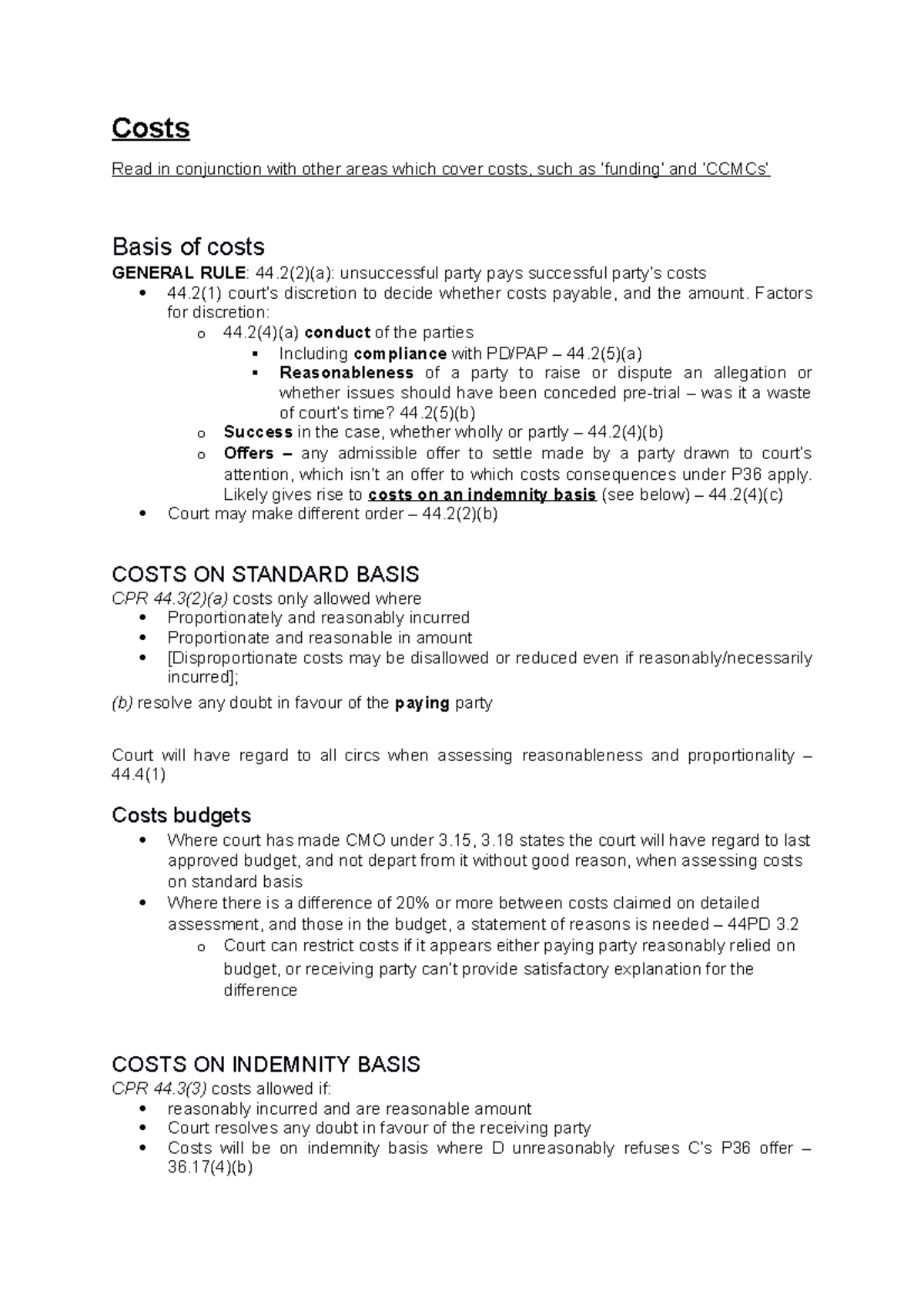 Civ Lit Costs Costs Read in conjunction with other areas which cover