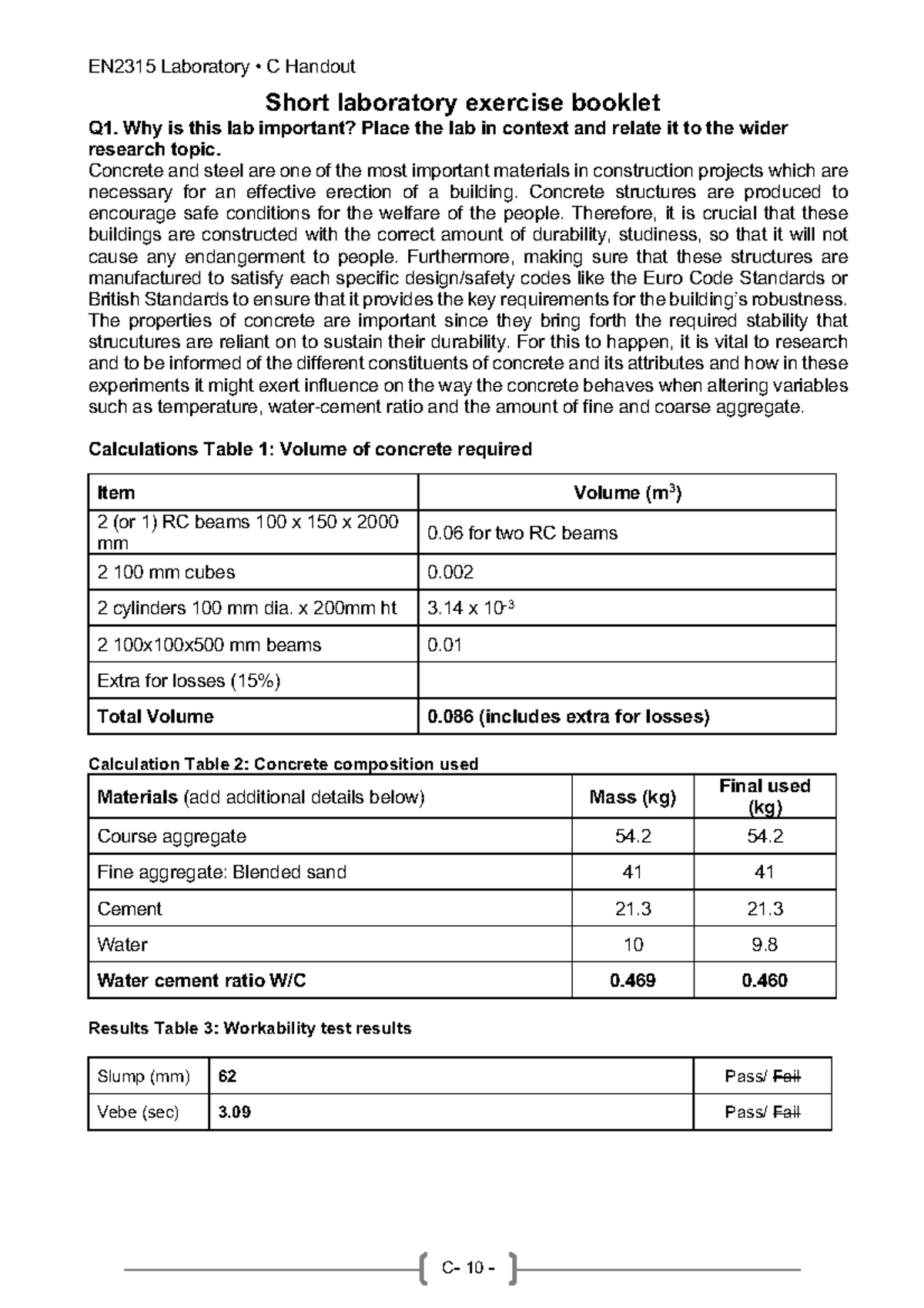 Concrete short lab exercise booklet - Short laboratory exercise booklet ...