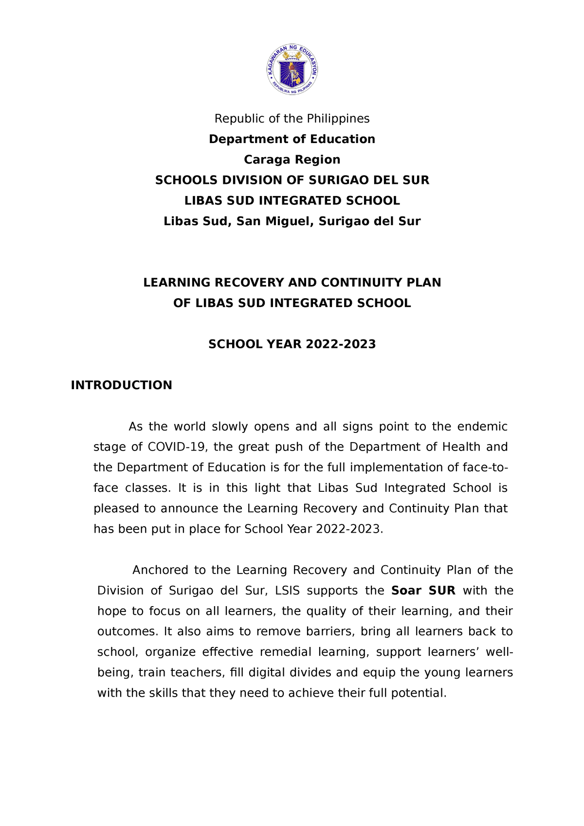 LCP Final - LCP 2022-2023 - Republic Of The Philippines Department Of ...