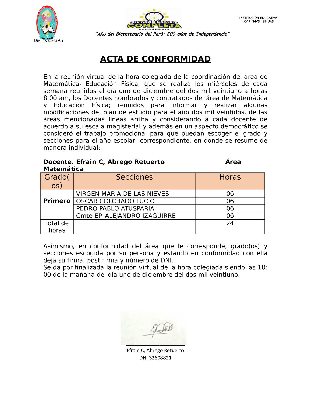 ACTA DE Conformidad - Nada - “AÑO Del Bicentenario Del Perú: 200 Años ...