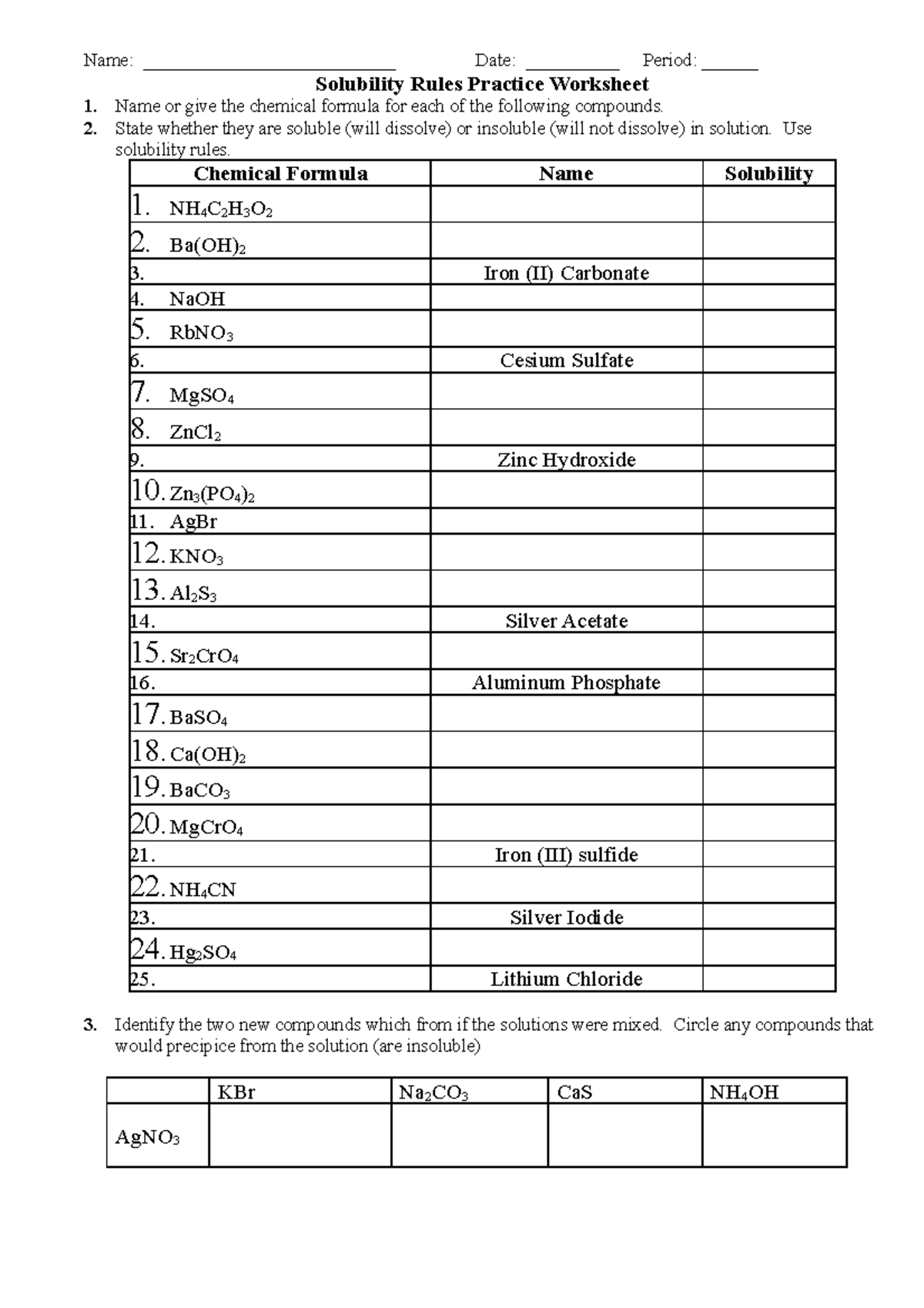 Solubility rules practice worksheet - Name ...