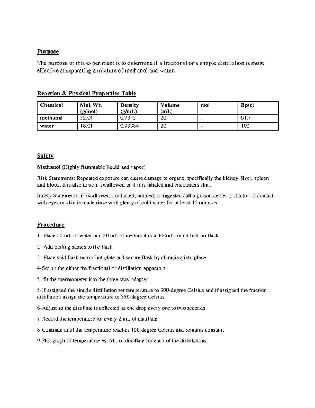 Ochem Lab Report 1 - Purpose The Purpose Of This Experiment Is To ...