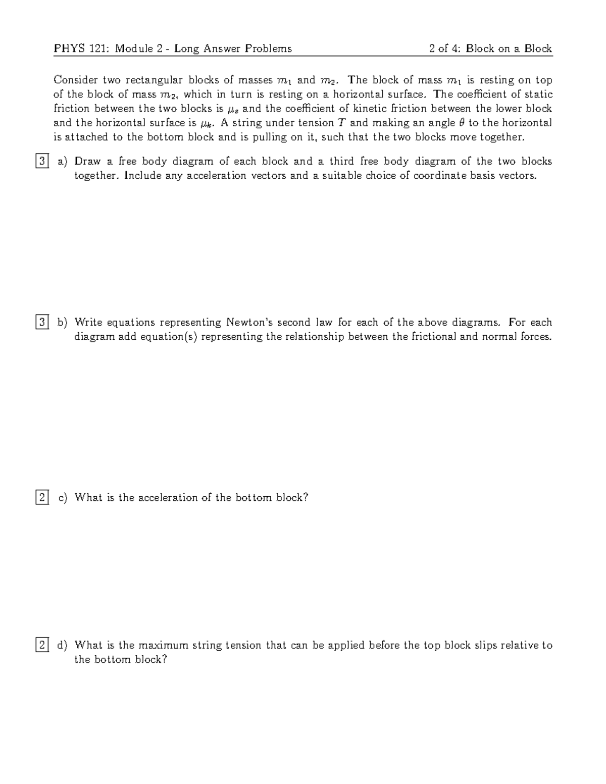 Problem 2-2 Block on a Block - PHYS 121: Module 2 - Long Answer ...