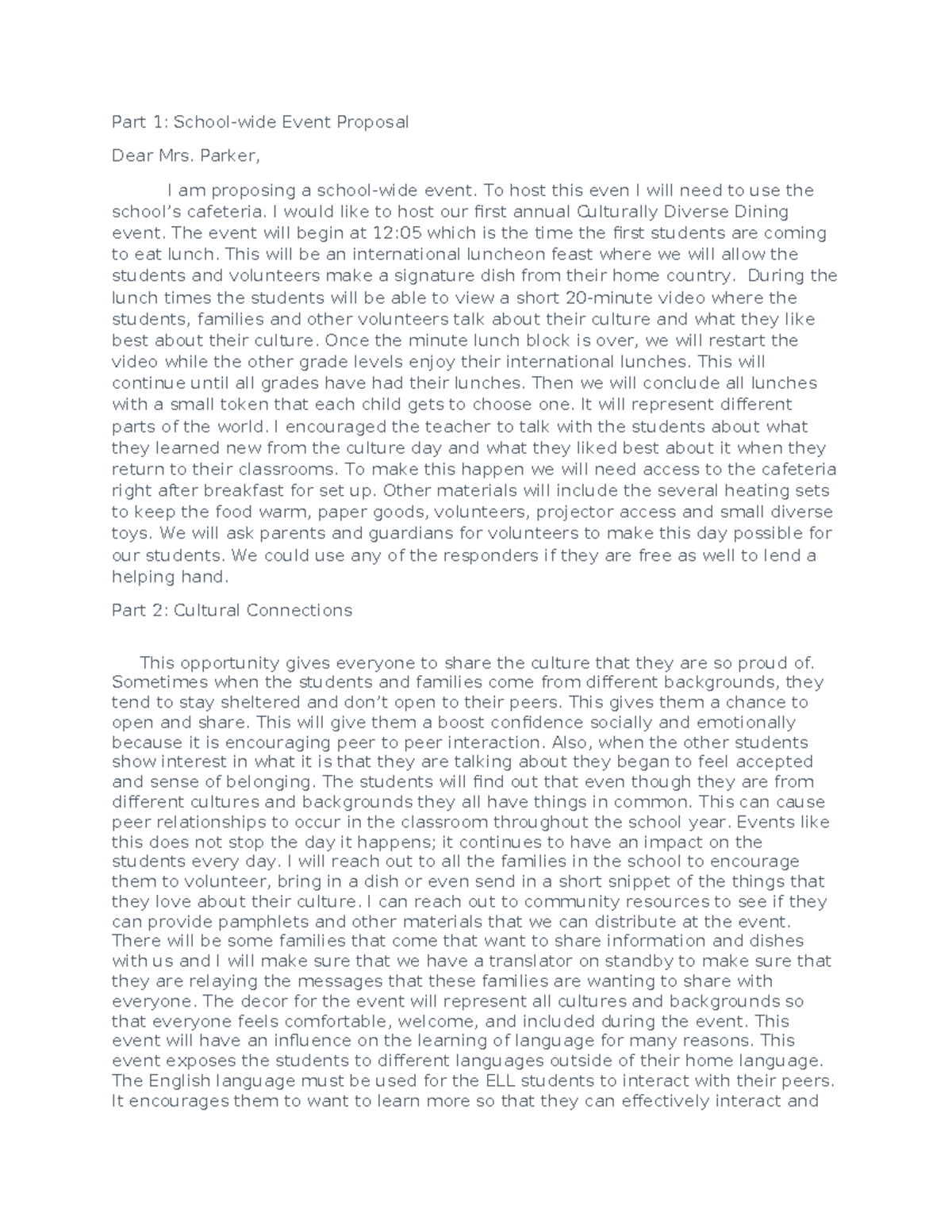 Home and School Connections - Part 1: School-wide Event Proposal Dear ...
