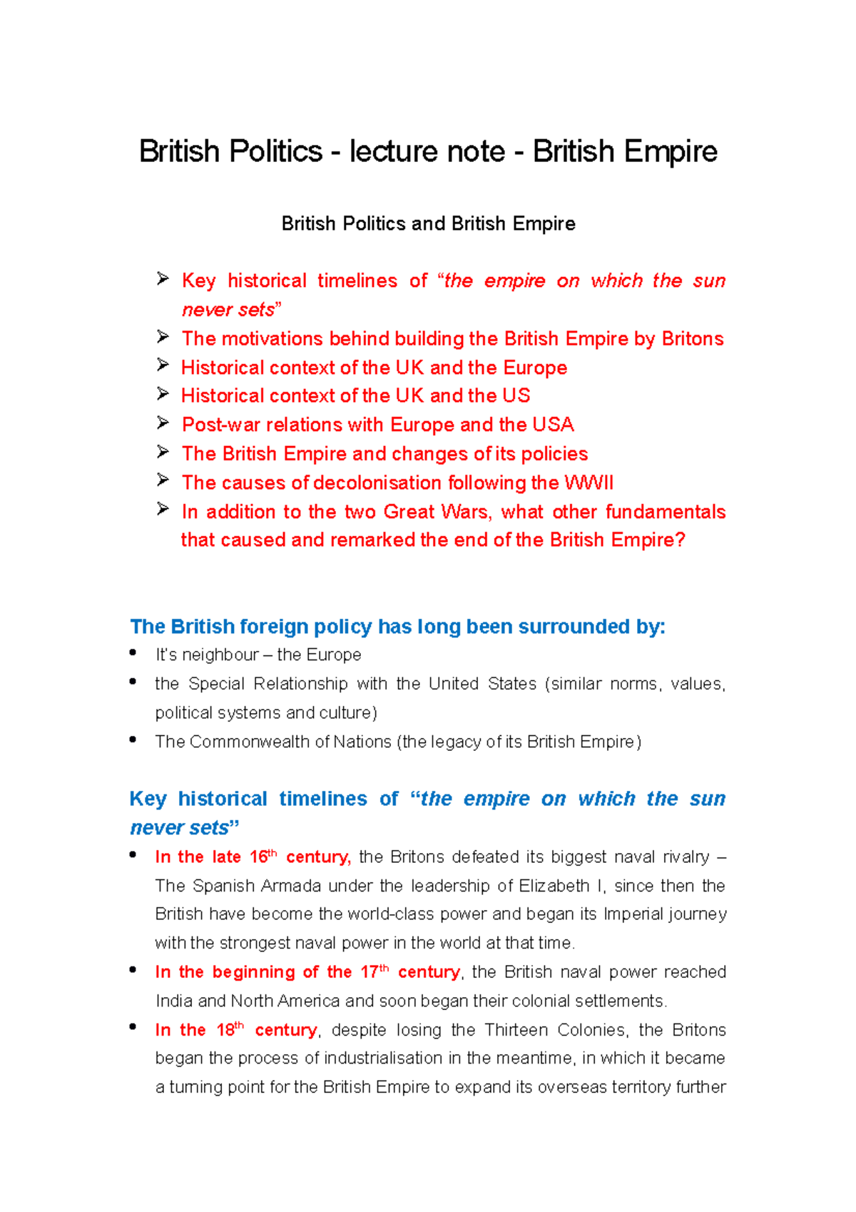 British Politics - lecture note - British Empire - PIED1100 - Leeds ...