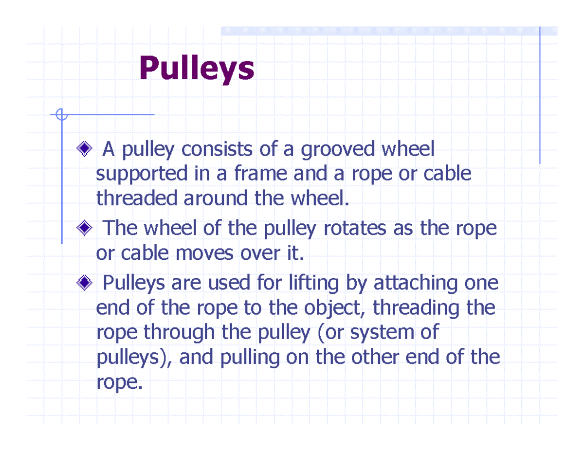 7 L pulleys SP W06 Pulleys A pulley consists of a grooved wheel