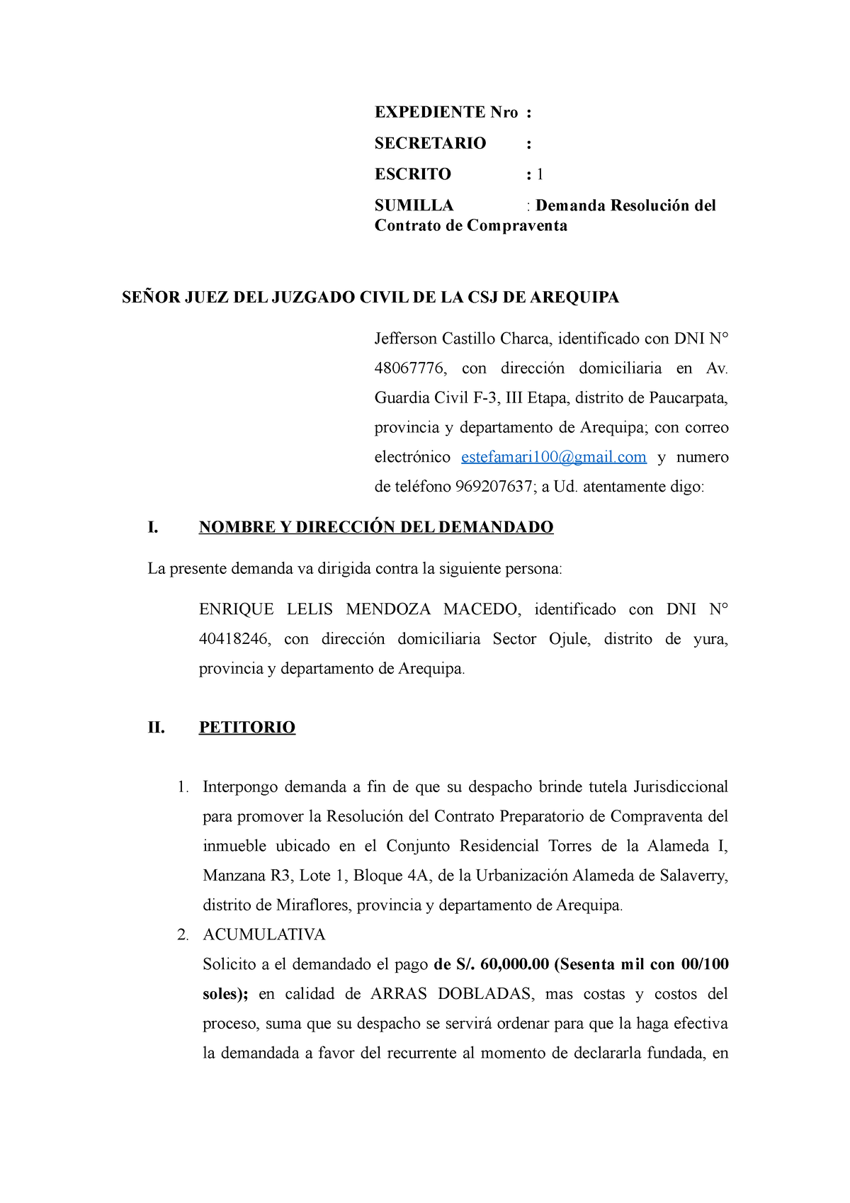 Demanda Resolución contrato - EXPEDIENTE Nro : SECRETARIO : ESCRITO : 1 ...